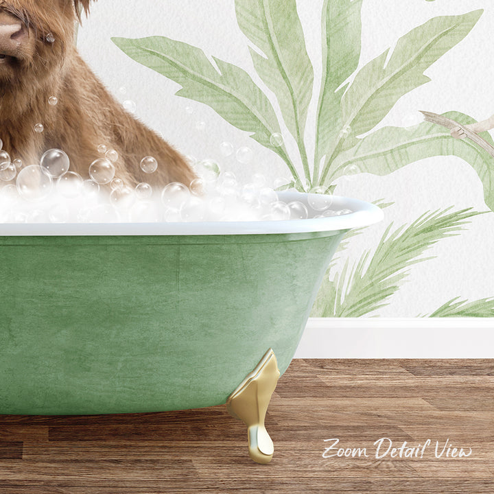 A brown dog is sitting in a green bathtub filled with bubbles, with a tropical plant mural in the background.