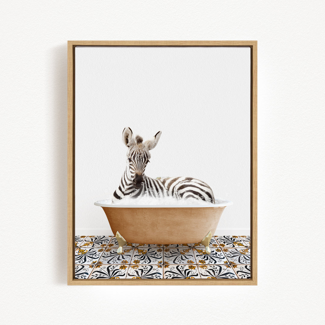 A zebra is sitting in a bathtub filled with water, surrounded by a patterned tile floor.