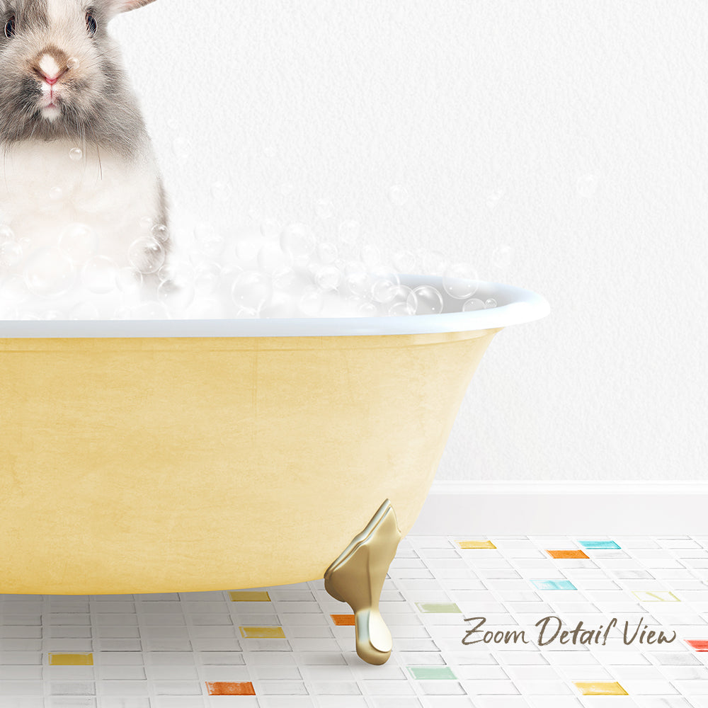 A cute rabbit sitting in a yellow bathtub filled with bubbles, with a colorful tiled floor in the foreground.