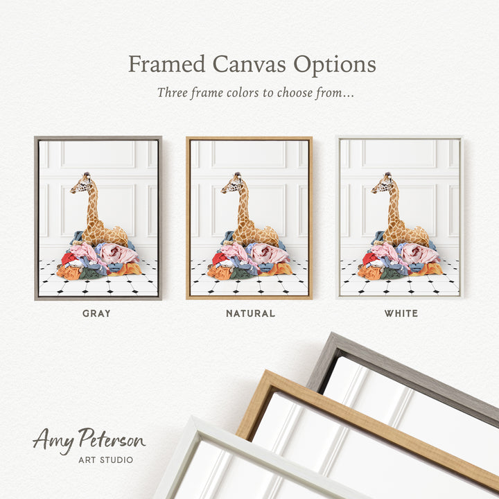 three framed canvas options, each featuring a giraffe in a different color: gray, natural, and white.
