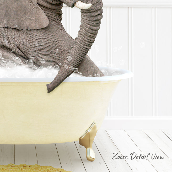 A large elephant is sitting in a bathtub filled with bubbles, creating a whimsical and playful scene.