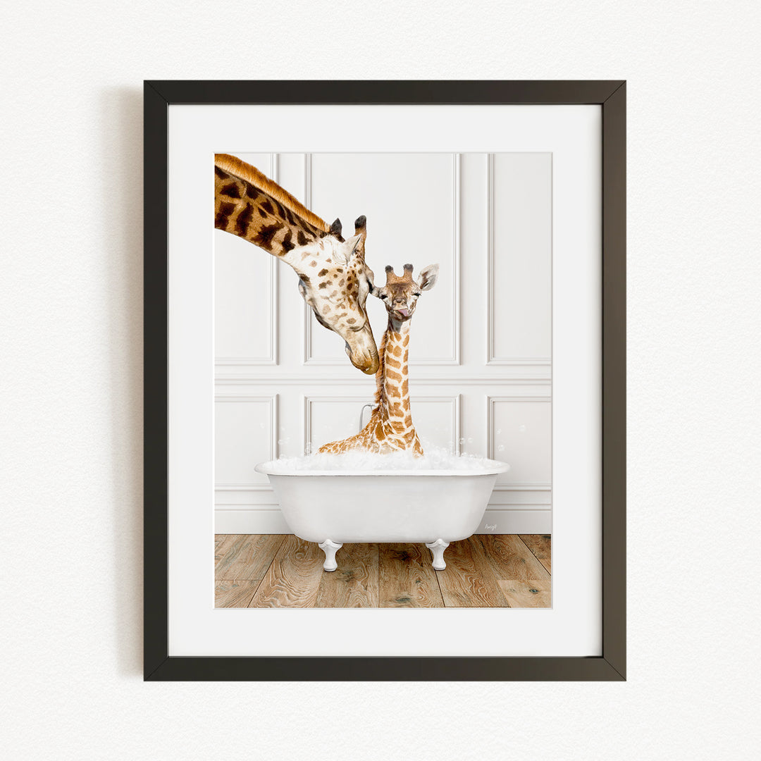 A mother giraffe and her baby giraffe are enjoying a relaxing bath in a white bathtub, with the mother gently licking her baby.