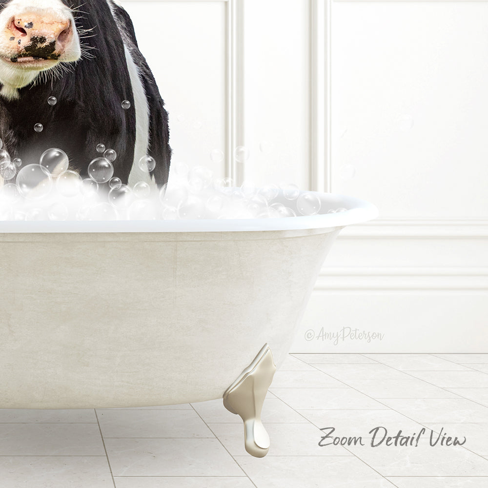 A cow standing in a bathtub filled with bubbles, creating a whimsical and humorous scene.