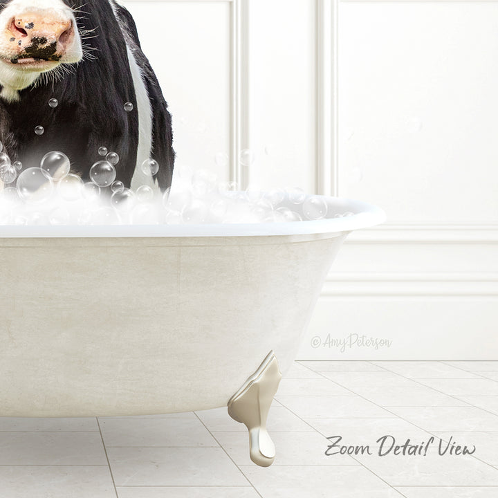 A cow standing in a bathtub filled with bubbles, creating a whimsical and humorous scene.