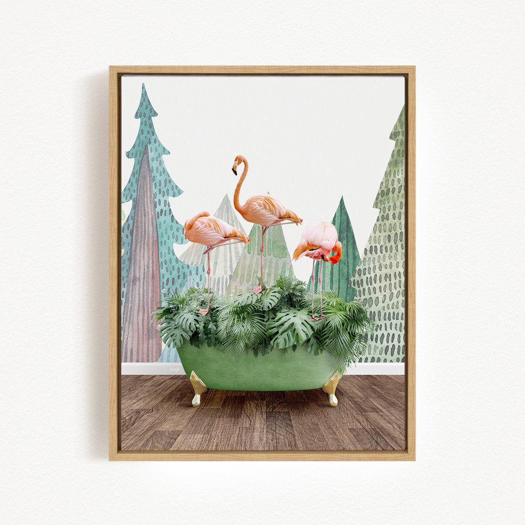 A framed image depicting three pink flamingos standing in a green bathtub filled with lush greenery, set against a backdrop of stylized trees and foliage.