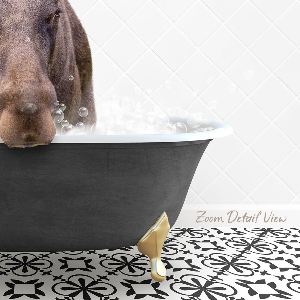 A dog is sitting in a bathtub filled with bubbles, with a patterned tile floor in the foreground.