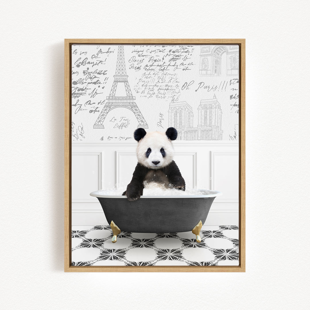 A panda bear sitting in a bathtub, surrounded by a Paris-themed background with the Eiffel Tower and other Parisian landmarks.