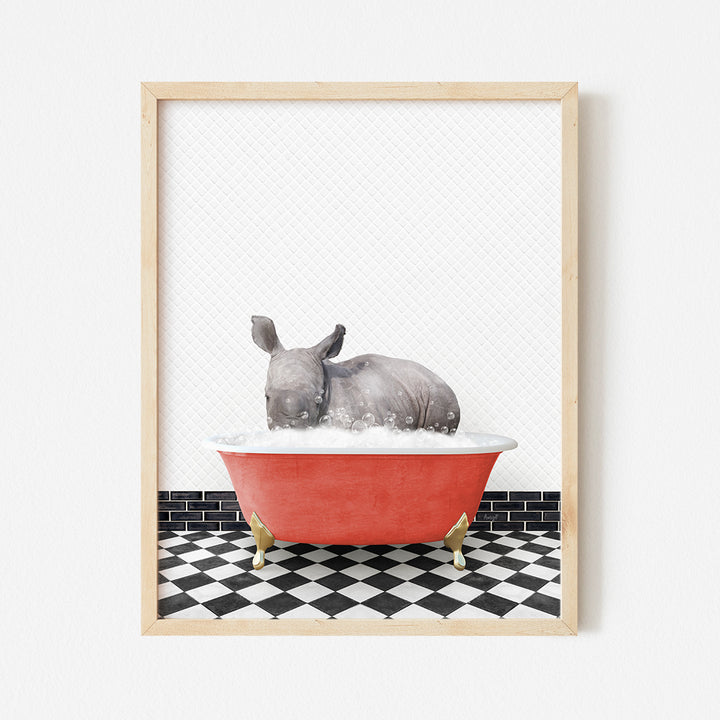 a rhino in a bathtub with a black and white checkered floor