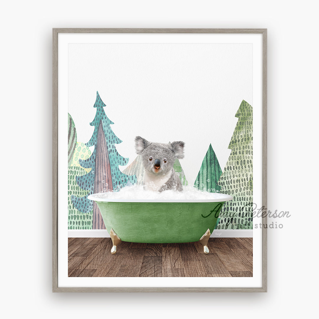 a picture of a koala in a green bathtub