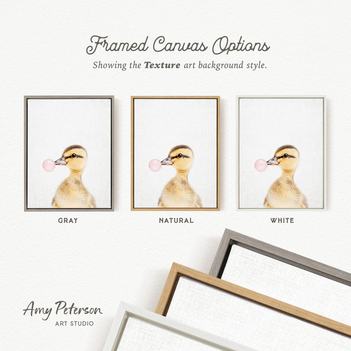 three framed canvas options, each featuring a close-up of a duck blowing a bubble with a bubble gum bubble. The options are labeled "GRY", "NATURAL", and "WHITE", representing different color backgrounds.