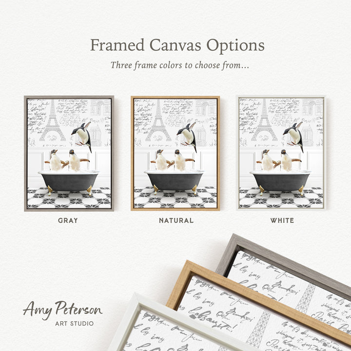 The image is a framed canvas option featuring three different colored frames, each containing a black and white illustration of penguins in a bathtub.