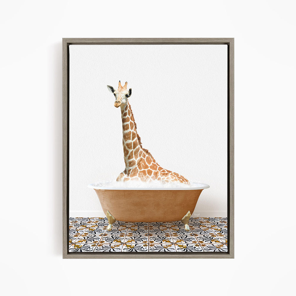 A giraffe sitting in a bathtub filled with water, surrounded by a patterned tile floor.