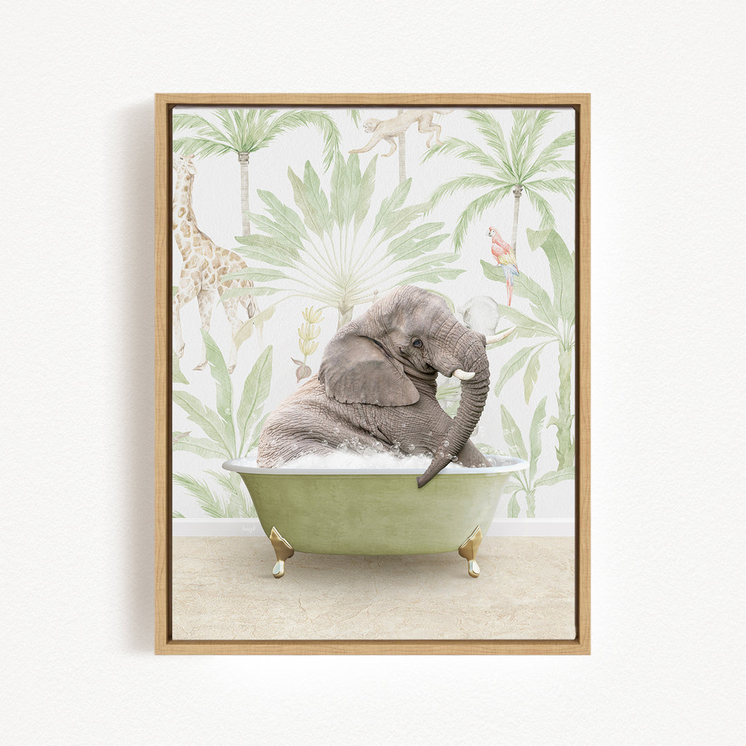 A gray elephant is sitting in a green bathtub, surrounded by tropical foliage and animals, creating a whimsical and playful scene.