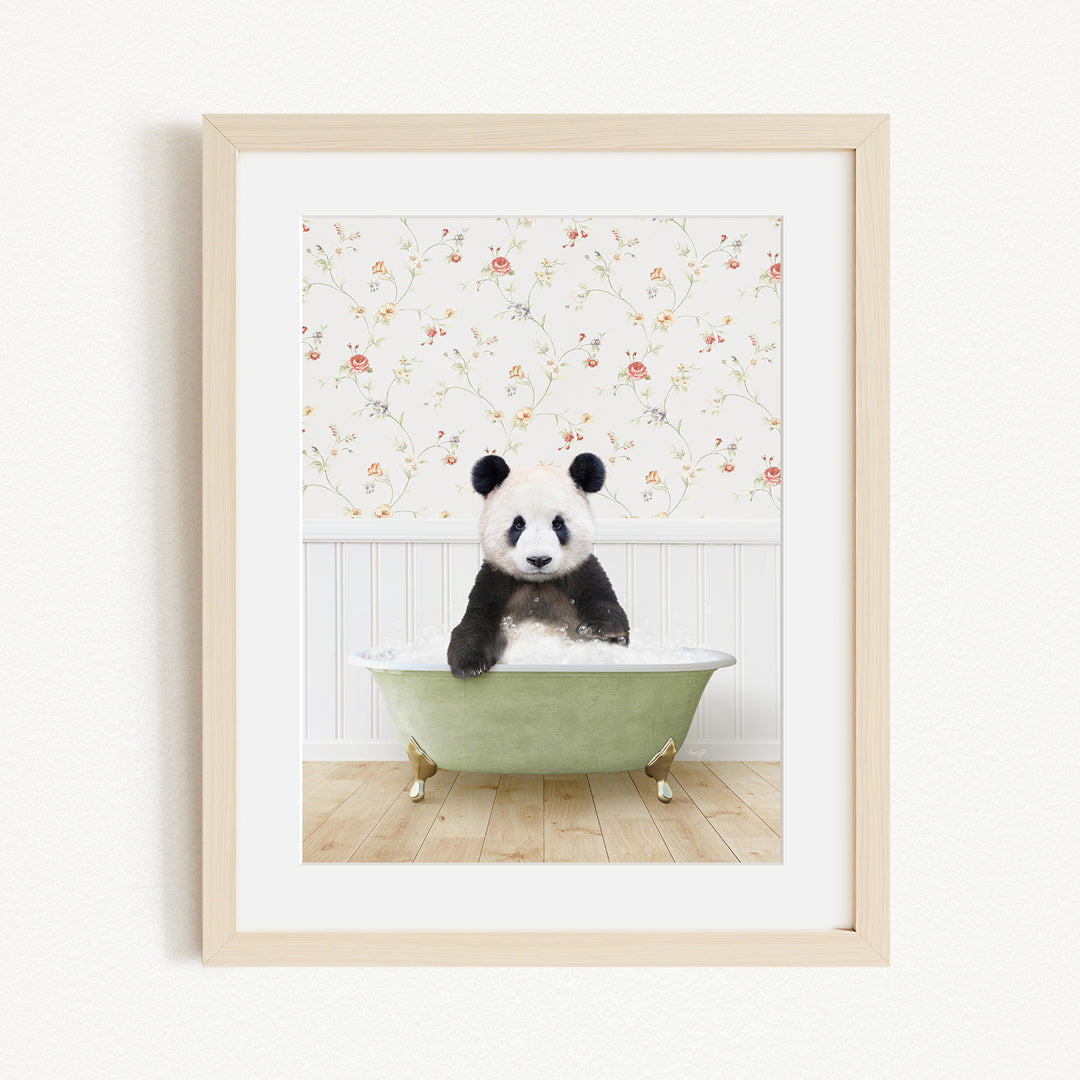 A panda bear sitting in a green bathtub, surrounded by a floral wallpaper.