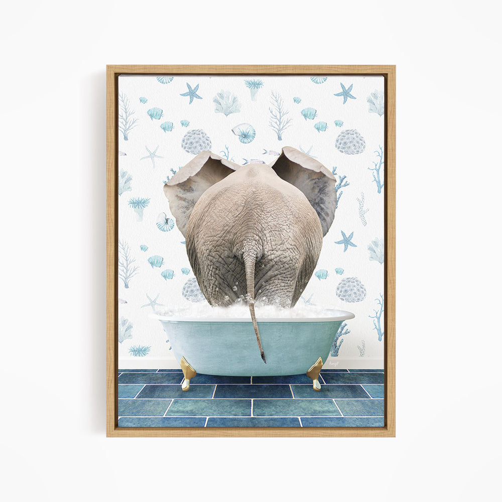 An elephant is sitting in a blue bathtub filled with water, surrounded by a pattern of seashells and starfish.