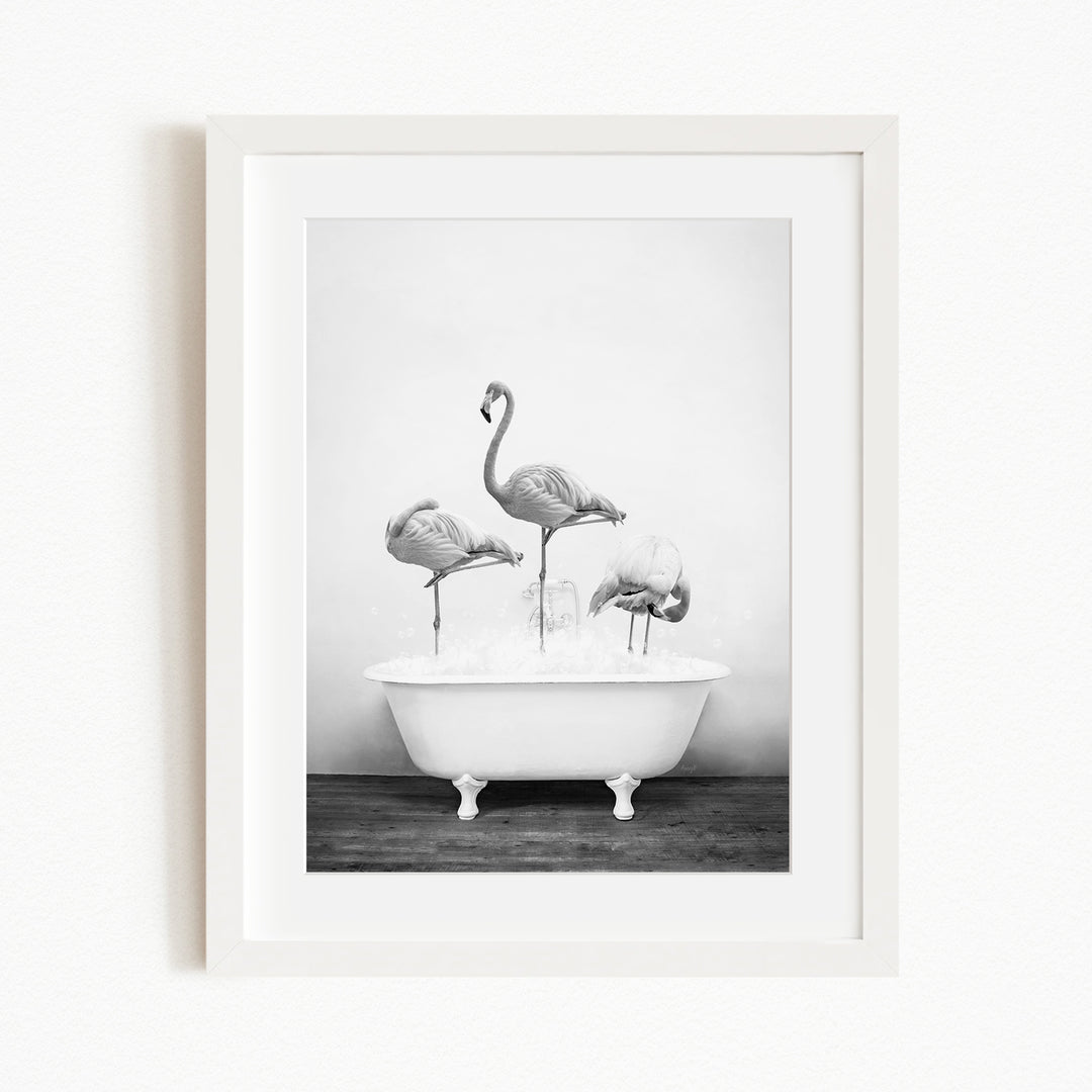 A framed black and white photograph depicting three flamingos standing in a white bathtub filled with water.