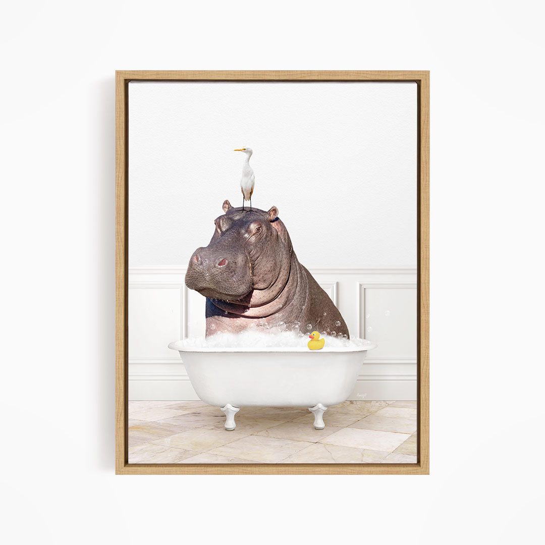 A hippopotamus is sitting in a bathtub filled with water, with a bird perched on its head.