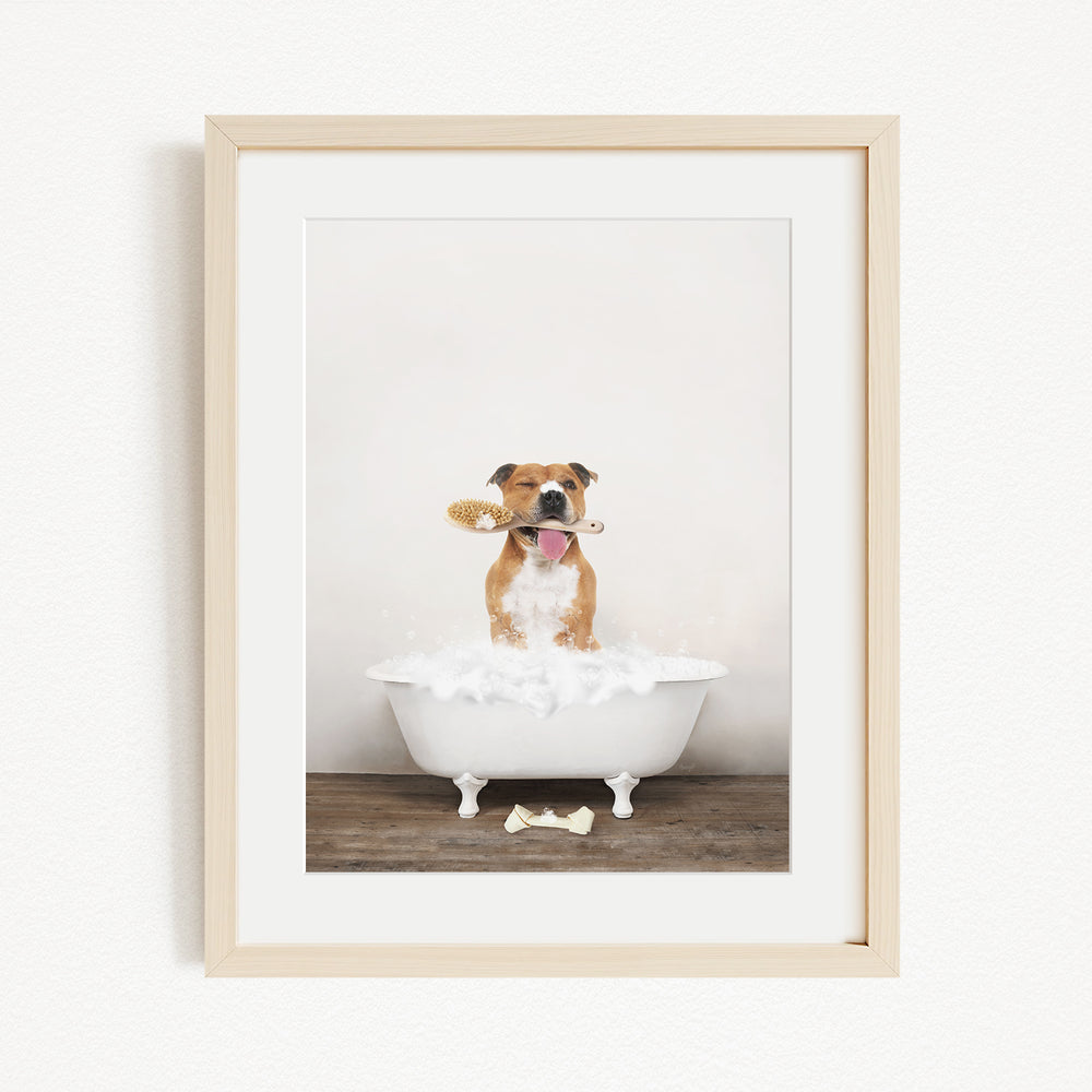 A brown and white dog sitting in a white bathtub, holding a brush in its mouth, with a bone on the floor.