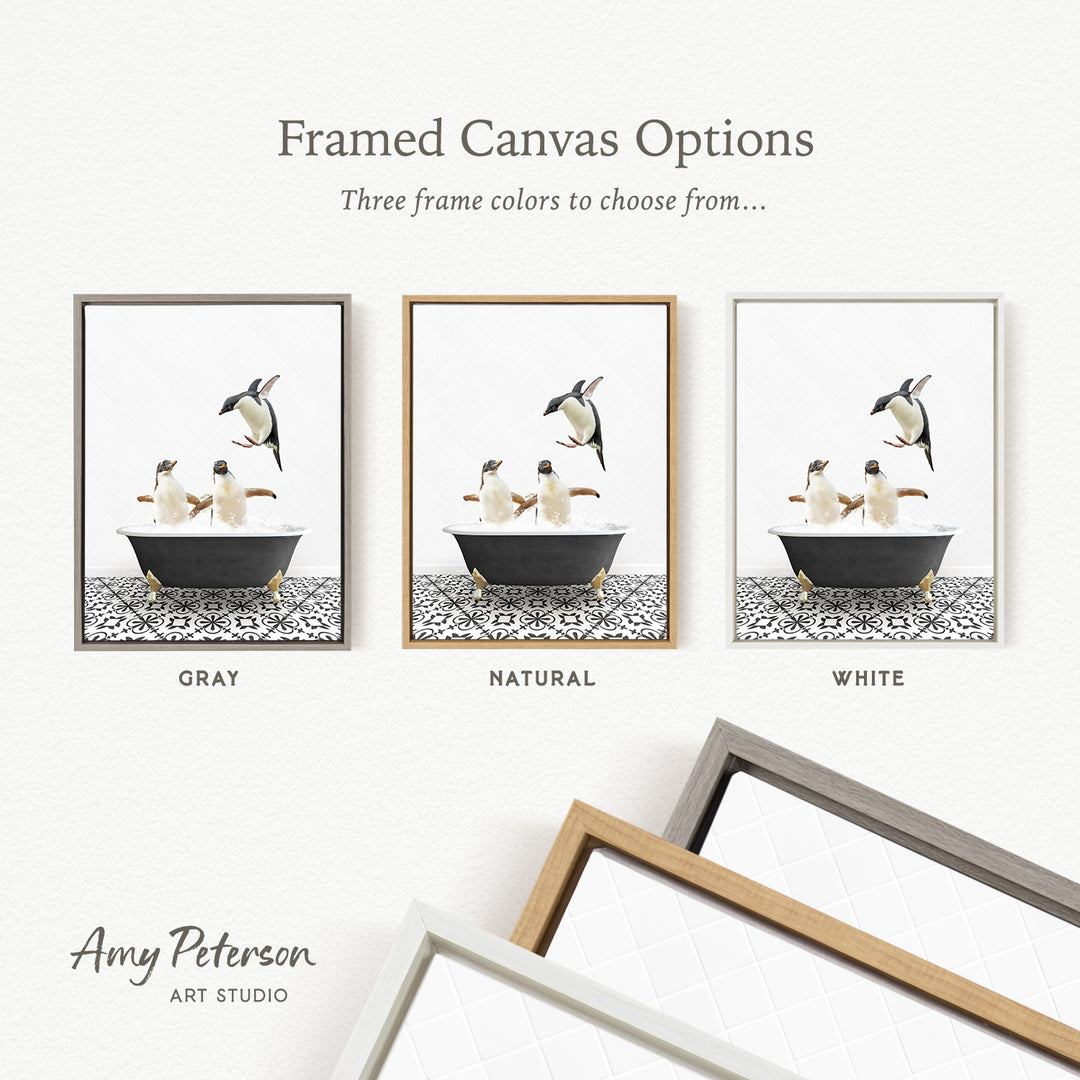 three framed canvas options, each featuring a different color: gray, natural, and white. The text above the images reads " Framed Canvas Options Three frame colors to choose from...".