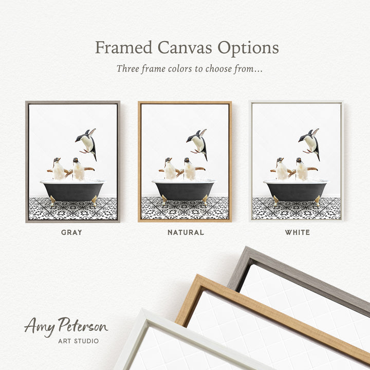 three framed canvas options, each featuring a different color: gray, natural, and white. The text above the images reads " Framed Canvas Options Three frame colors to choose from...".