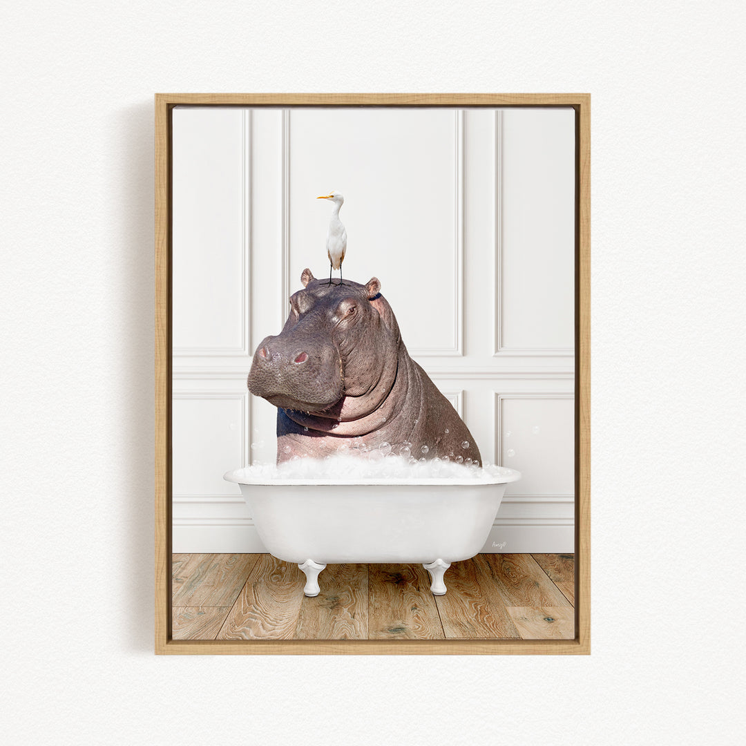 A large hippopotamus is sitting in a white bathtub, with a white bird perched on its head.