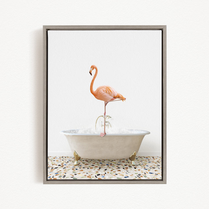 A pink flamingo standing on a white bathtub filled with water, set against a white background.