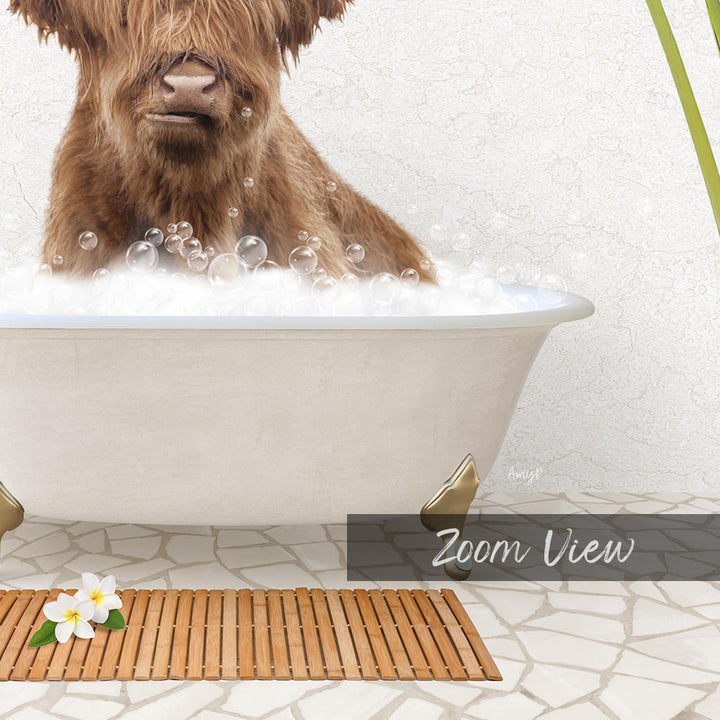 A close-up of a brown dog sitting in a white bathtub filled with bubbles, with a wooden mat and a flower on the floor in front of the tub.