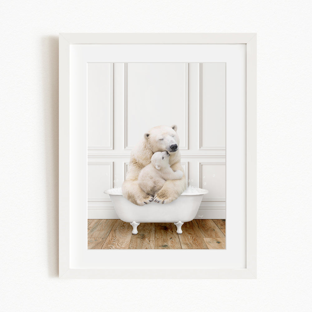 A polar bear and its cub sitting together in a white bathtub, with the bear appearing to be hugging the cub.