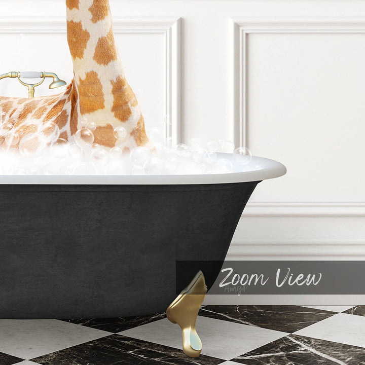 A black bathtub filled with bubbles, with a giraffe's head and legs partially submerged in the water.