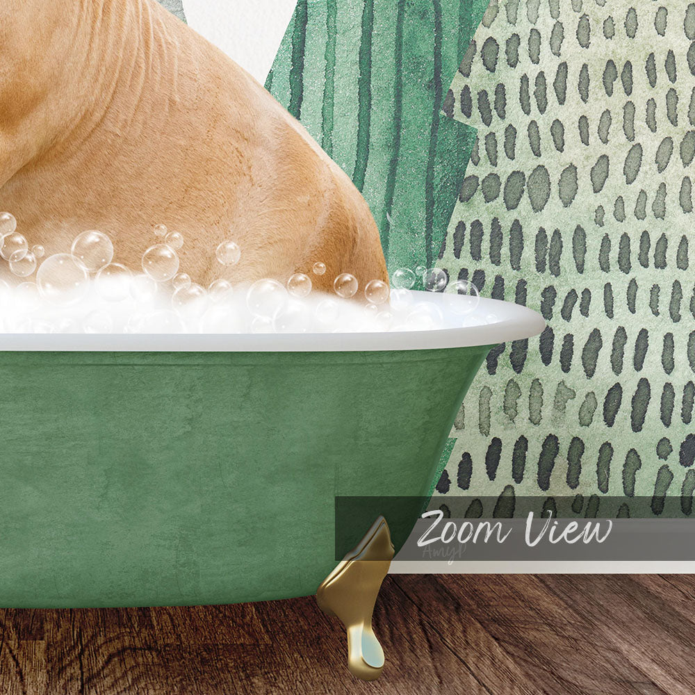 A dog is sitting in a green bathtub filled with bubbles, with a patterned wall in the background.