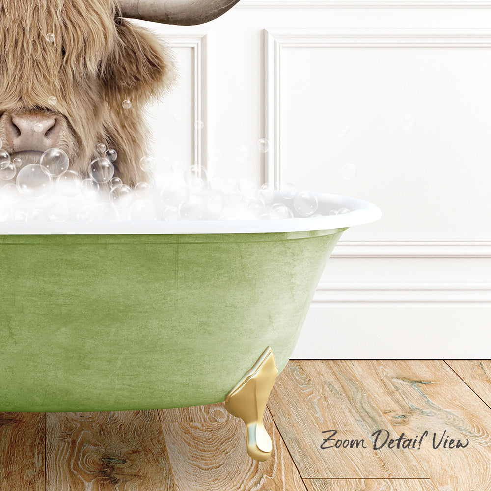 A large, green bathtub filled with bubbles, with a large, furry animal, possibly a yak or a cow, sitting inside it.