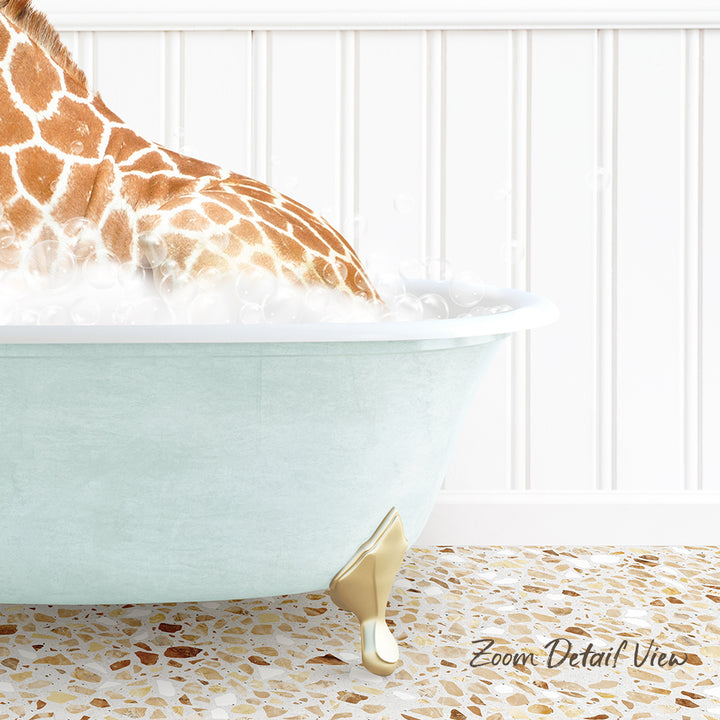 A giraffe is taking a bath in a light blue bathtub, with its head submerged in the water and its legs visible.