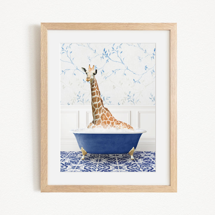 A giraffe sitting in a blue bathtub, surrounded by a blue and white patterned floor.