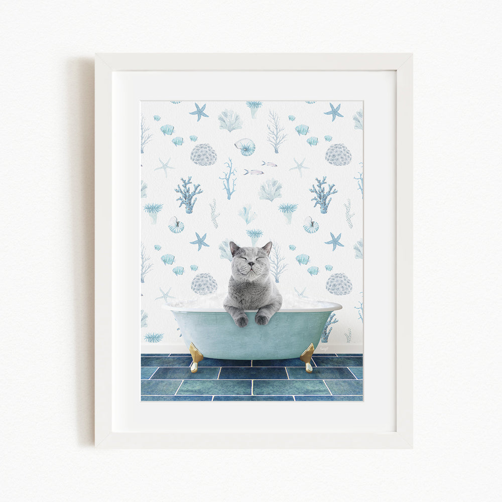 A gray cat sitting in a blue bathtub, surrounded by a pattern of seashells, starfish, and other marine life.