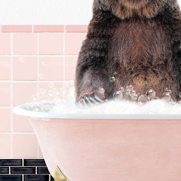 a brown bear sitting in a bathtub filled with bubbles