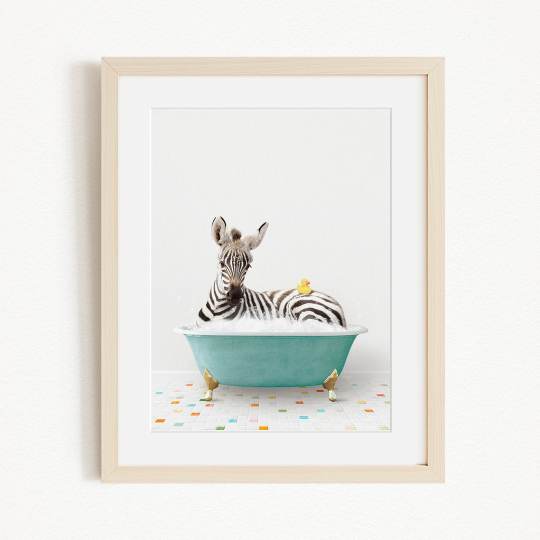 A zebra is sitting in a green bathtub, surrounded by small yellow birds, creating a whimsical and playful scene.