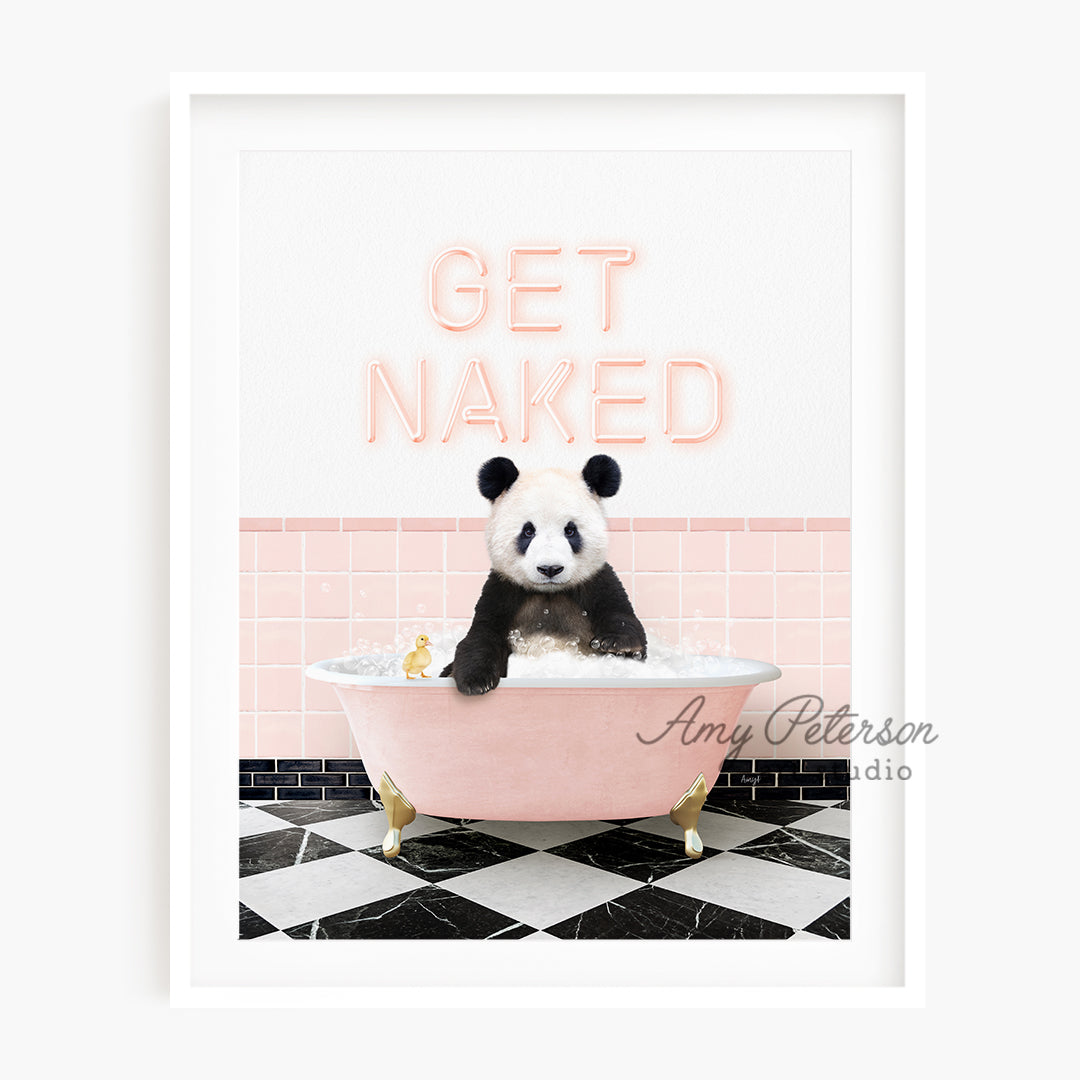 a panda bear sitting in a pink bath tub