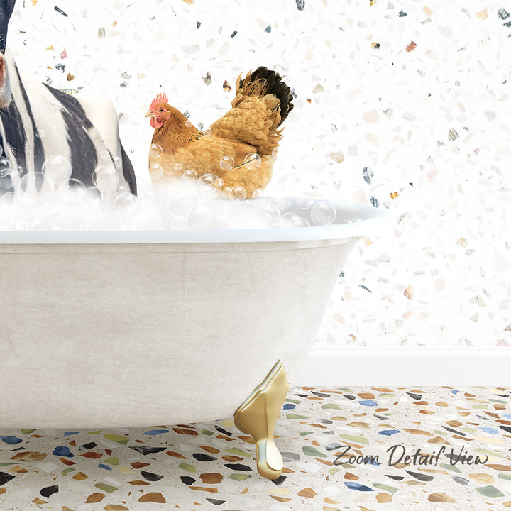 A chicken standing in a bathtub filled with bubbles, with a mosaic floor in the background.