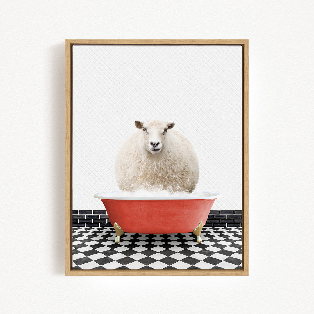A fluffy white sheep is sitting in a red bathtub filled with bubbles, surrounded by a black and white checkered floor.