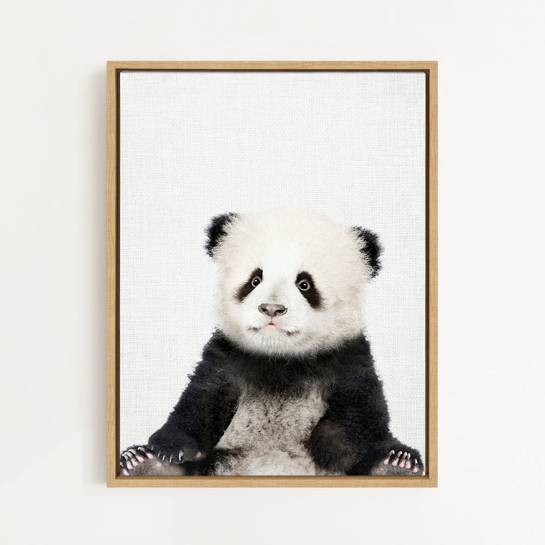 A panda bear sitting in a frame against a white background.