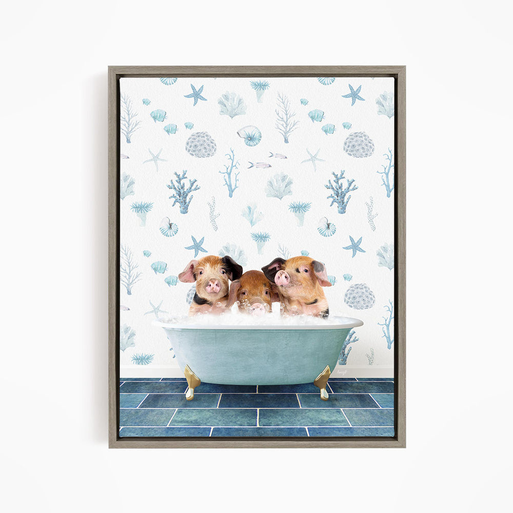 Three adorable pigs sitting in a bathtub filled with water, surrounded by a blue and white ocean-themed wallpaper.