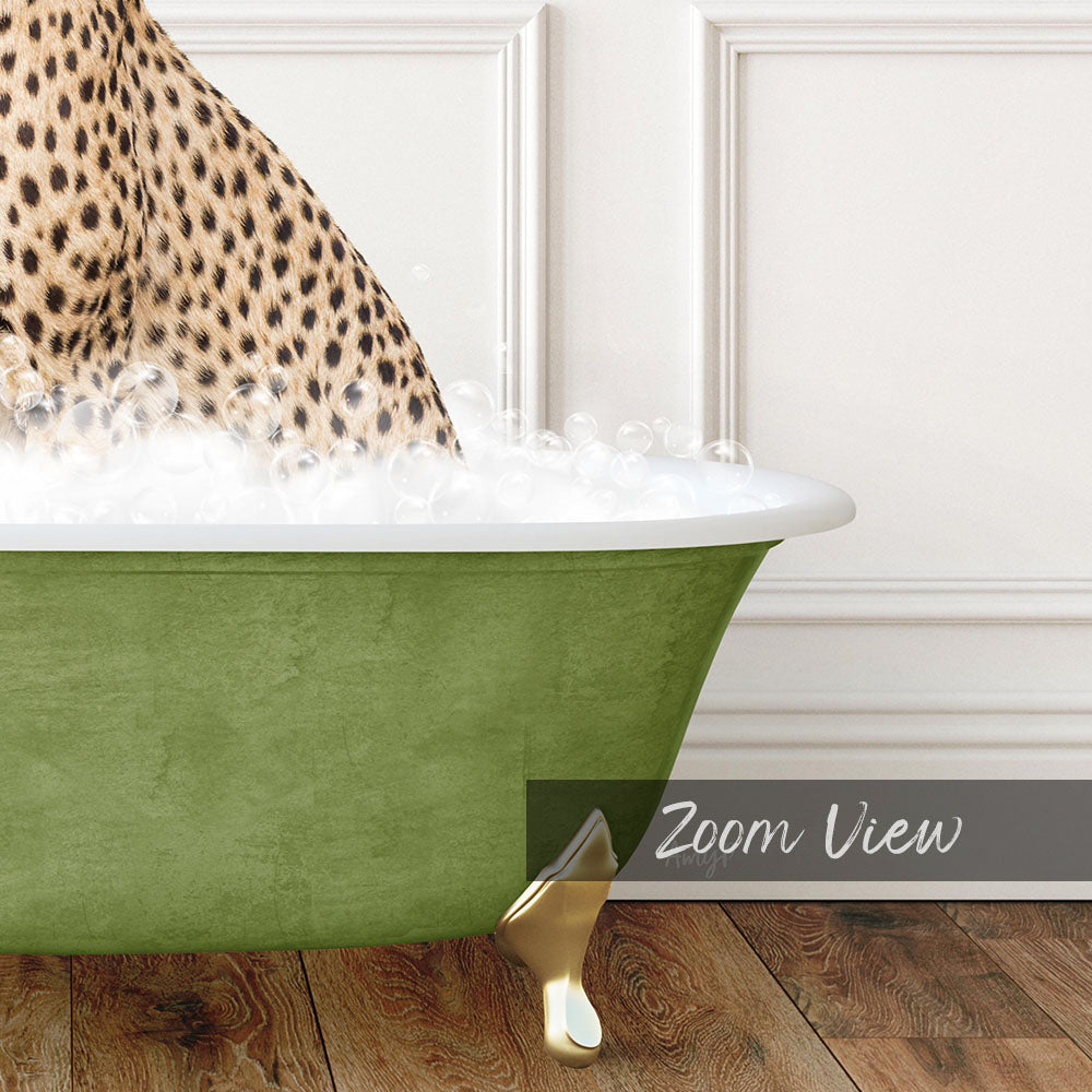 A leopard-print bathtub filled with water and bubbles, with a gold bathtub leg visible.