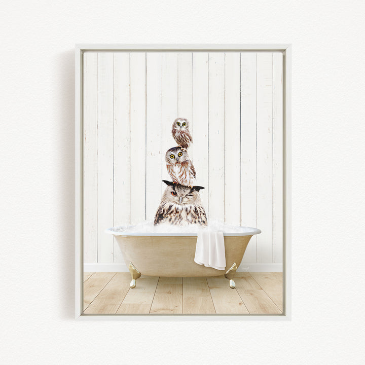 A framed image depicting three owls sitting in a bathtub, with one owl perched on top of the other two.