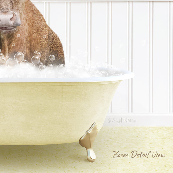 A brown cow is standing in a bathtub filled with bubbles, creating a whimsical and playful scene.