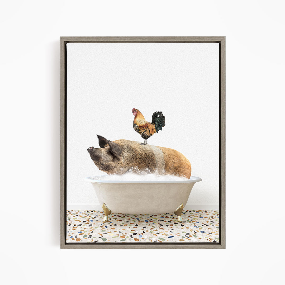 A rooster sits atop a pig in a bathtub filled with water, creating a whimsical and humorous scene.
