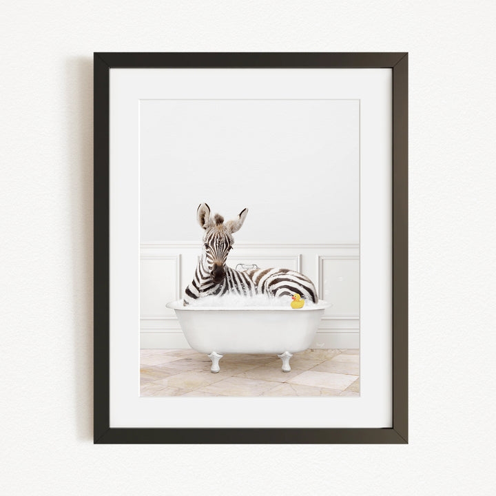 A zebra is sitting in a white bathtub, with a yellow rubber duck floating on the water.
