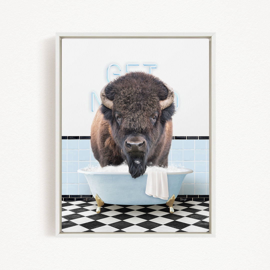 A buffalo with a beard is sitting in a bathtub filled with bubbles, with a sign that says "GET NO" in the background.
