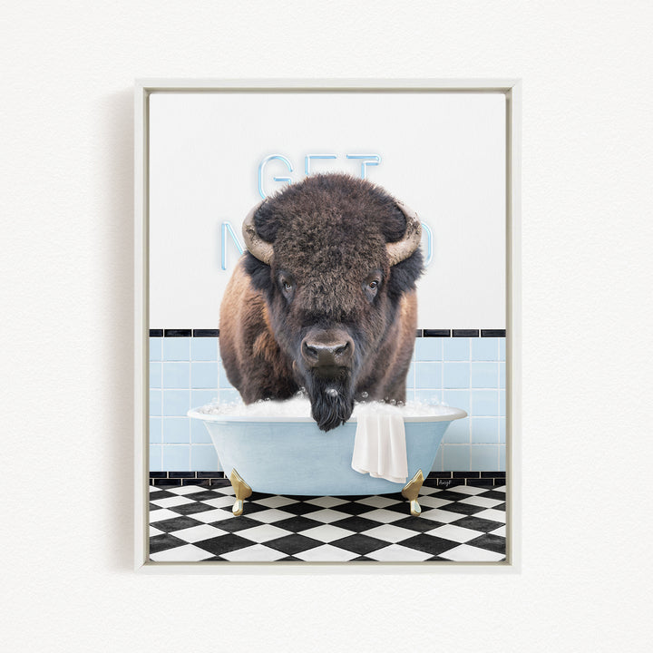 A buffalo with a beard is sitting in a bathtub filled with bubbles, with a sign that says "GET NO" in the background.