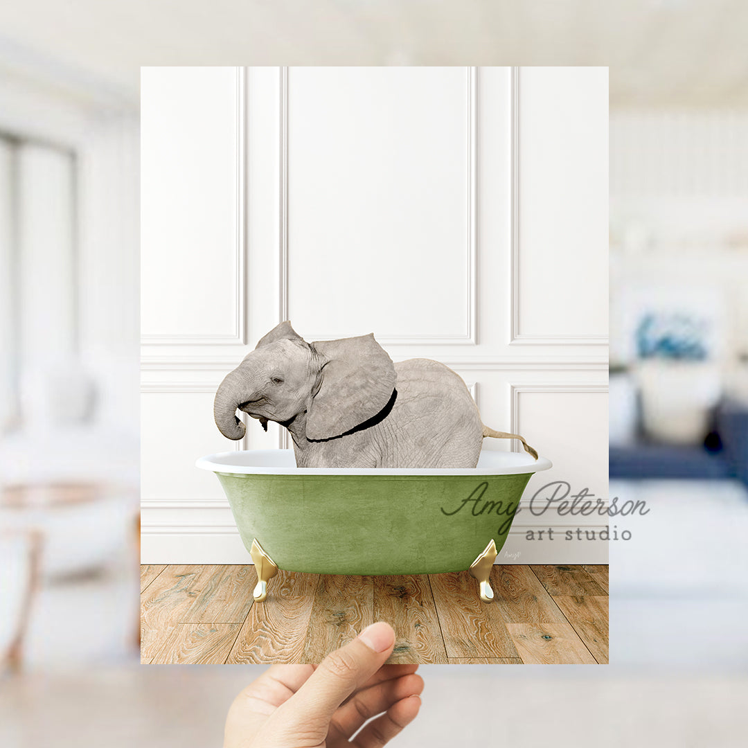 an elephant sitting in a green bath tub