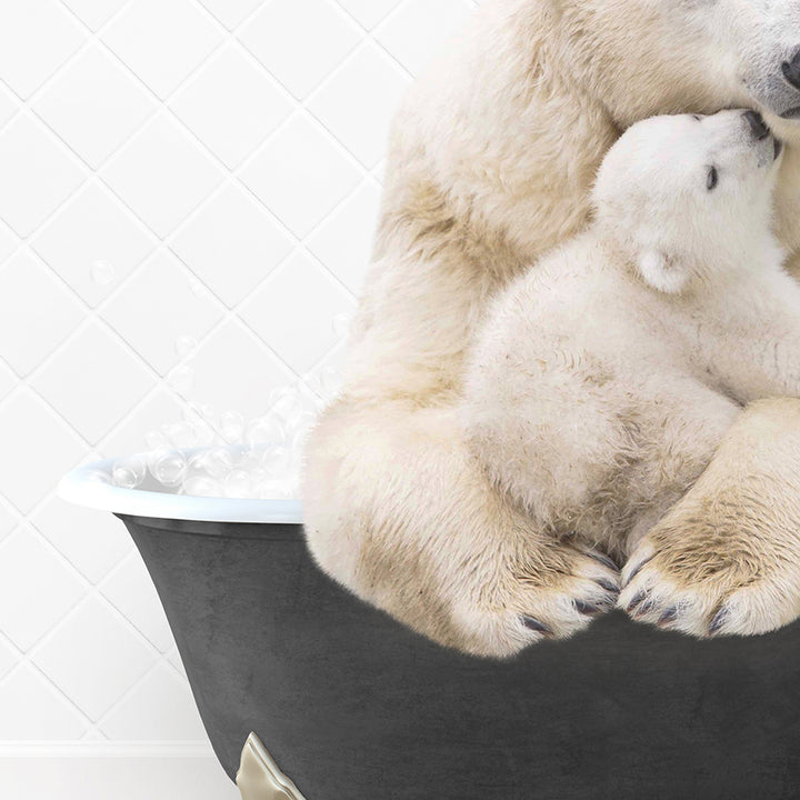 a mother polar bear and her cub in a bathtub